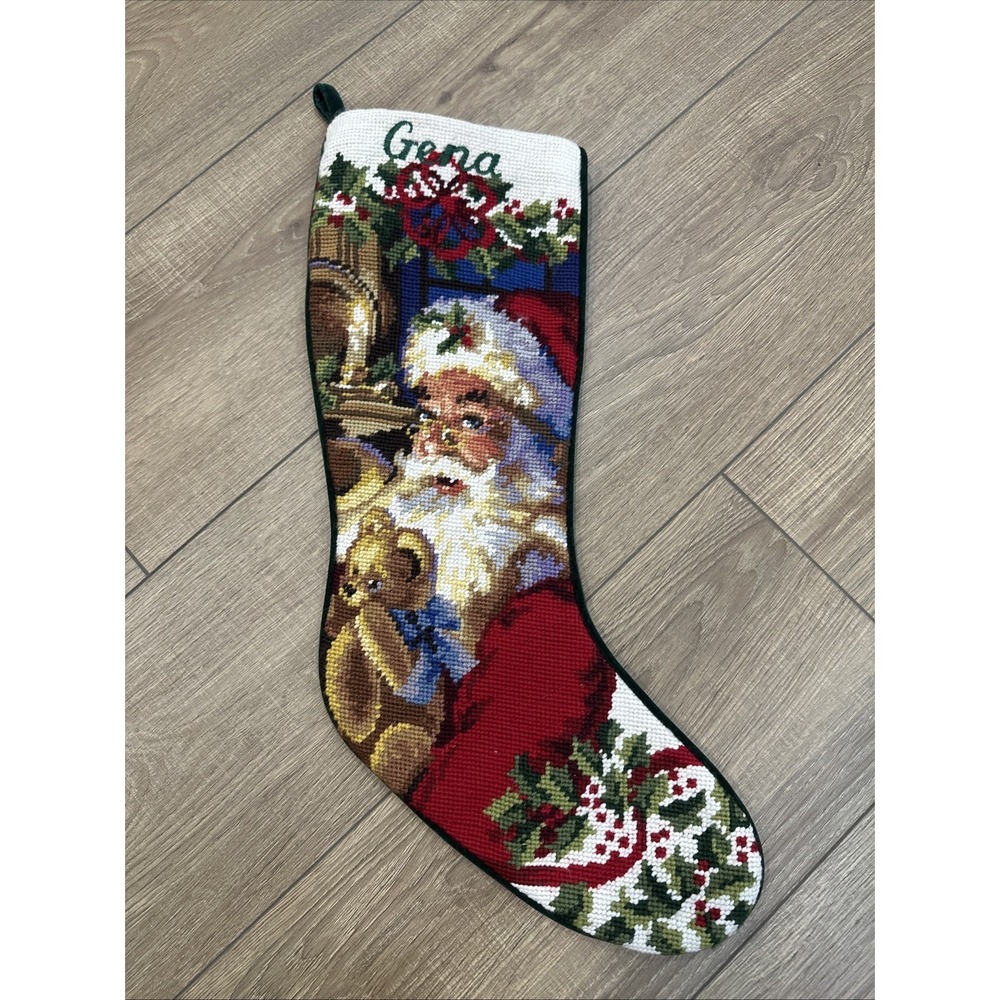 Needlepoint Wool Christmas Stocking Customized GENA 18" Santa Vintage